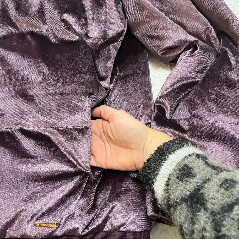 SWEATY BETTY Velvet Puffer Jacket Purple Gold Zipper Shimmer Pockets Size Small - Picture 7 of 14